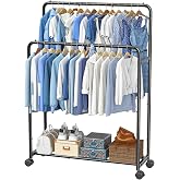 Simple Trending Clothing Clothes Rack, Double Rod Garment Rack, Black | Portable Closet with Bottom Shelf, Anti-Slip Stoppers, 360&deg; Lockable Wheels, Multiple Uses, Bedroom, Laundry Room