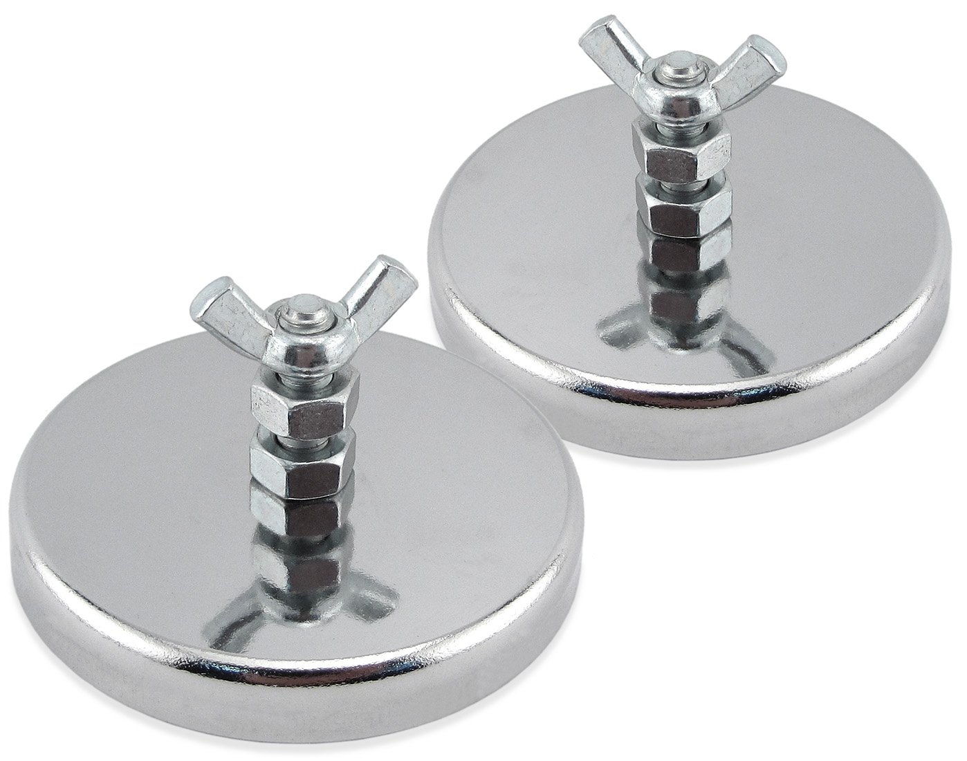 Master Magnetics RB70B2NWX2 Ferrite/Low Carbon Steel Round Base Magnet Fastener with Bolt and Wing Nut, Chrome Plate, 2.65" Diameter, 1.275" Total Height, 65 lb, Silver (Pack of 2)