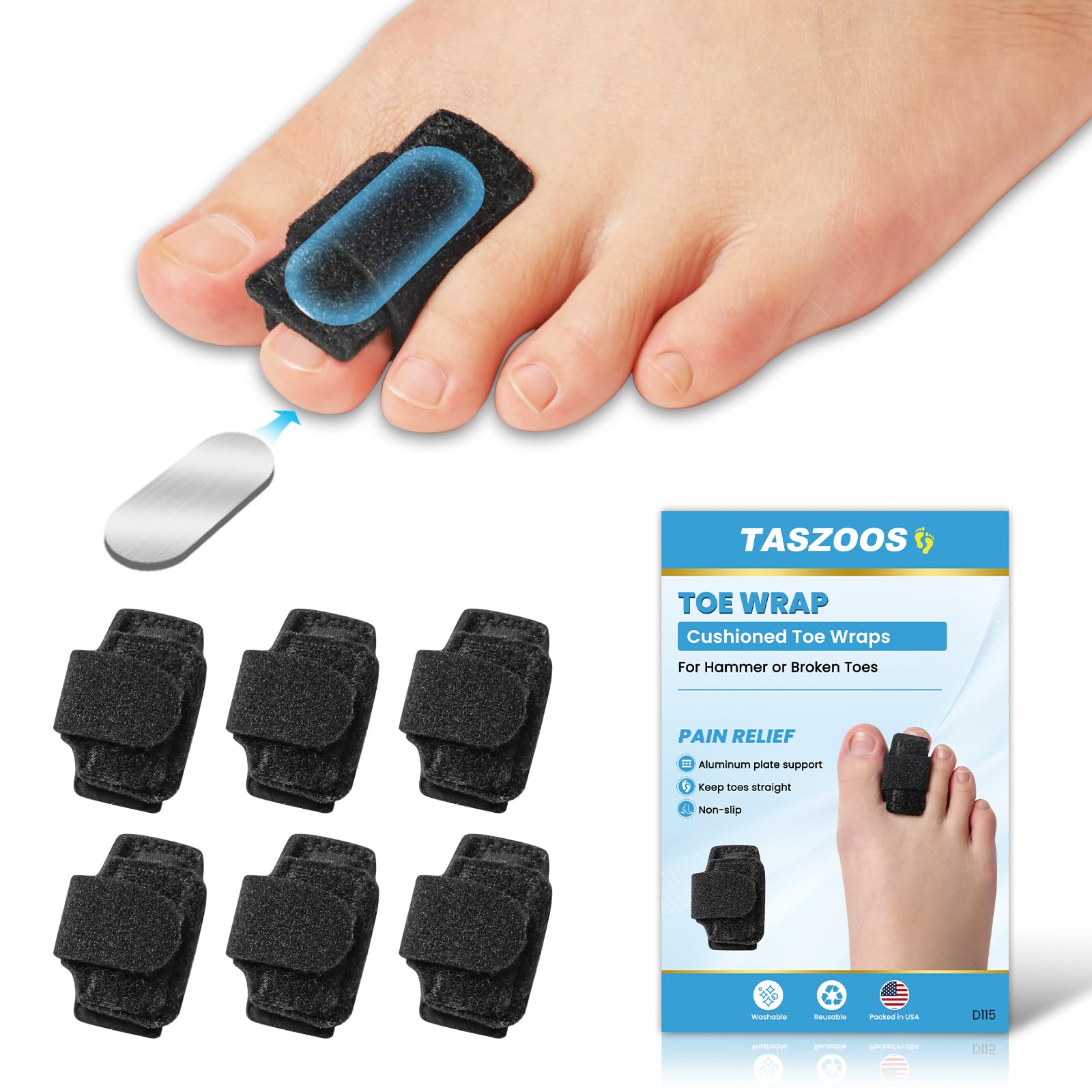 Photo 1 of Hammer Toe Straightener Corrector for Women & Men - 6pcs(Black) - Hammer Toe Straightener with Aluminum Plate, Adjustable Toe Splints Wraps - Realign Bent, Curled, Crooked, Claw, Hammer Toes