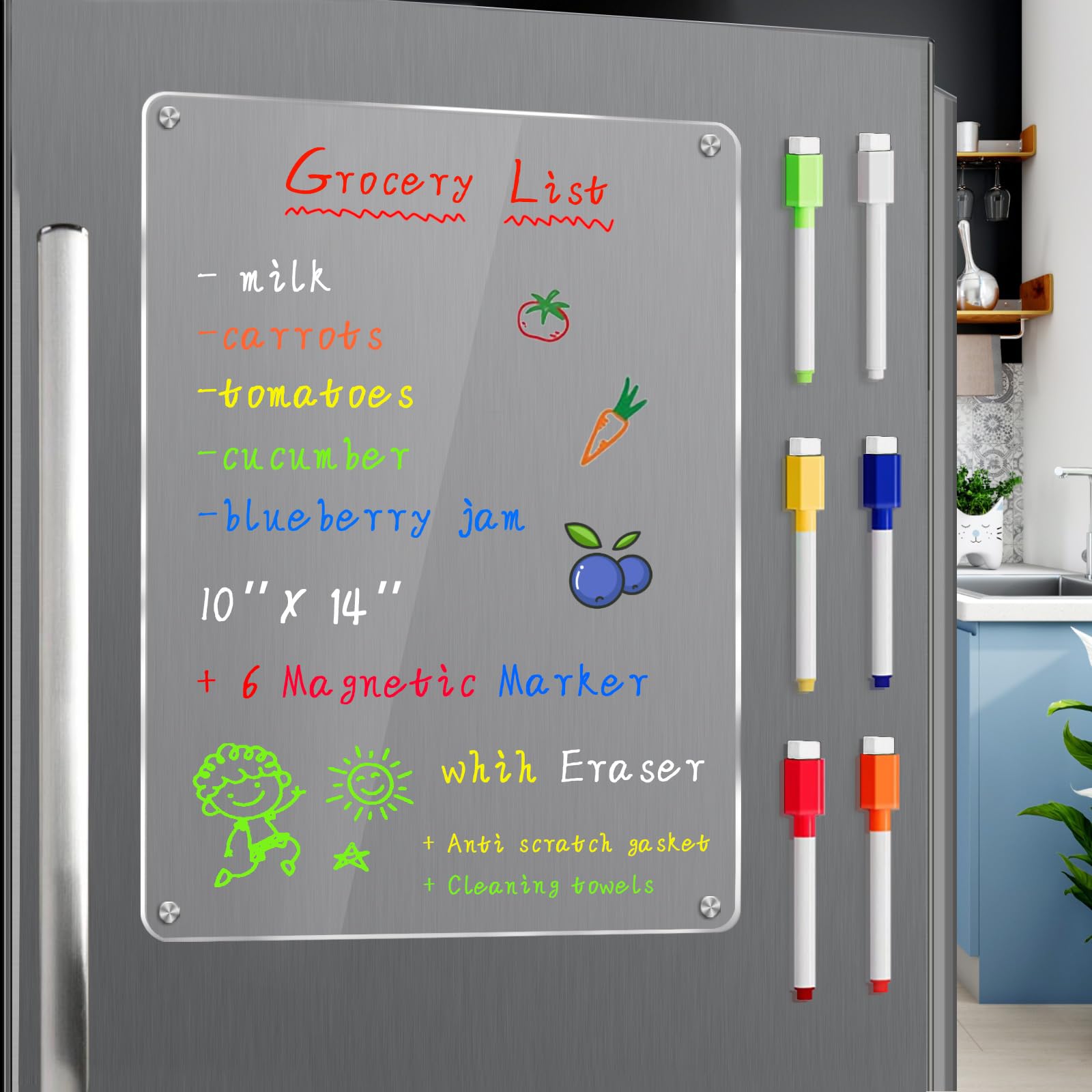 Photo 1 of JonXon Acrylic Magnetic Dry Erase Board for Fridge 10"x14" Clear Acrylic Magnet Board for Refrigerator,Includes 6 Colors Magnetic Markers(Clear Blank)