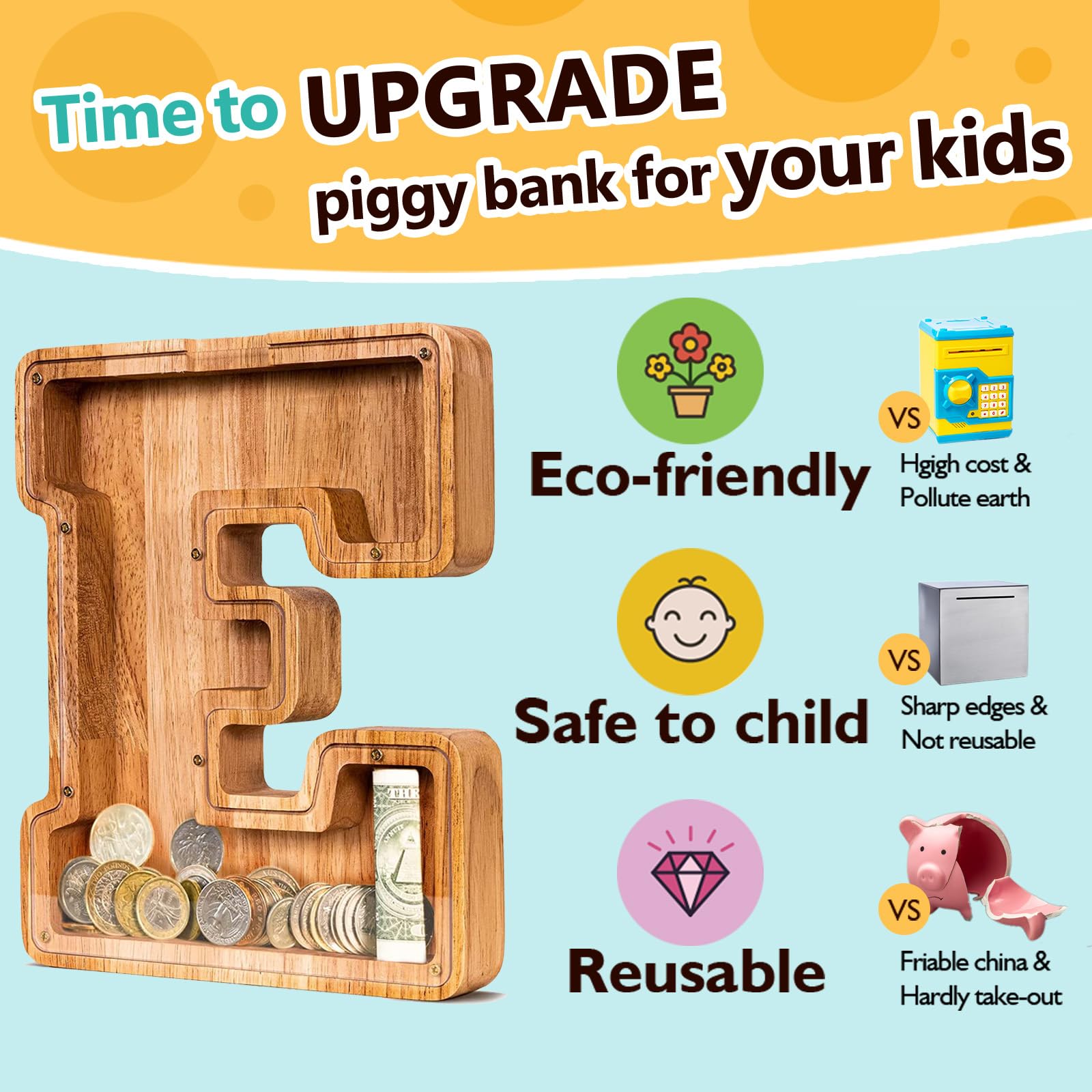 SummiDate Wooden Letter Piggy Bank for Kids| Piggy Bank for Boys Girls Toddler| Alphabet E Money Bank| Wood Coin Bank Personalized Birthday Easter Gift for Kids (E)