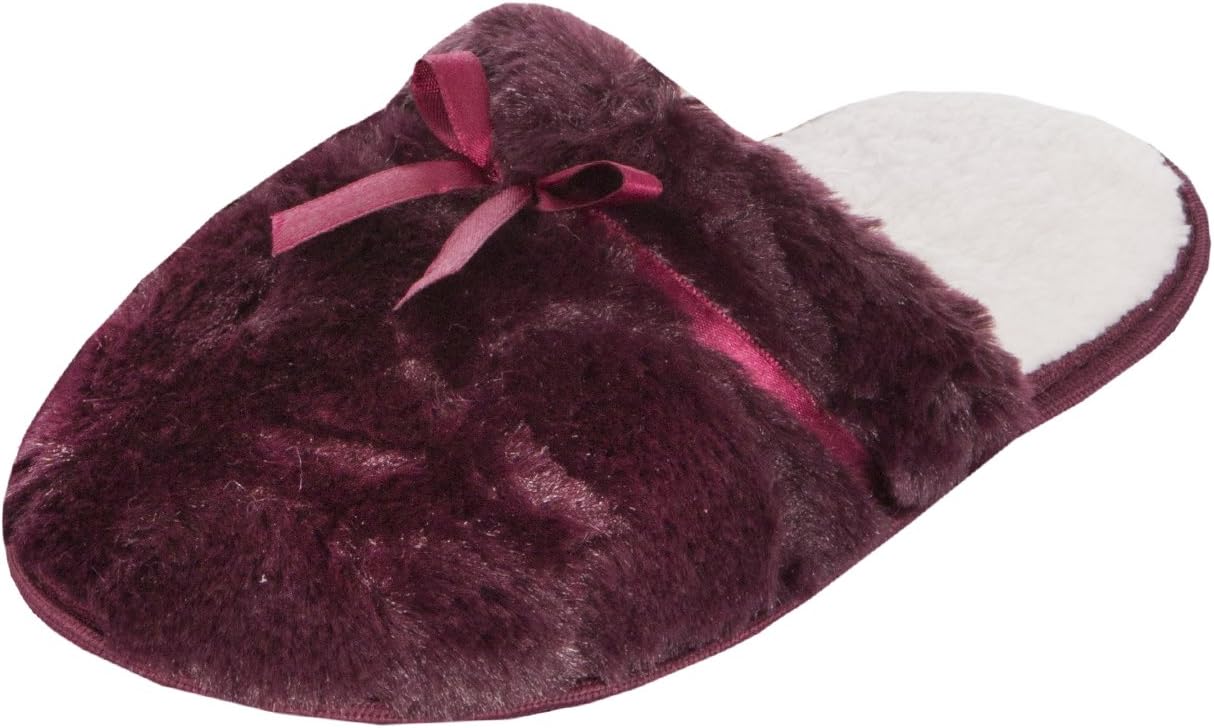 Forever Dreaming Womens Mule Slippers | Memory Foam Support | Sizes 3-8 | Faux Fur Ribbon Slip On