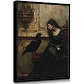 Framed Vintage Gothic Woman Wall Art Dark Academia Painting Wall Decor Gothic Raven and Woman Prints Dark Goth Raven Pictures Painting Victorian Moody Romance Art Prints for Living Room Bedroom Bathroom 8x10 Inch