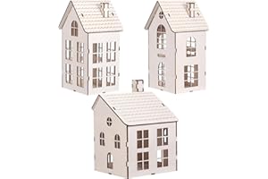 Wonderjune 3 Pieces DIY Christmas Village Sets 8 Inch Large Wooden House Wood Craft Kit for Boys Girls Adult Christmas Crafts Gift for Winter Xmas Party Decorations(Classic)