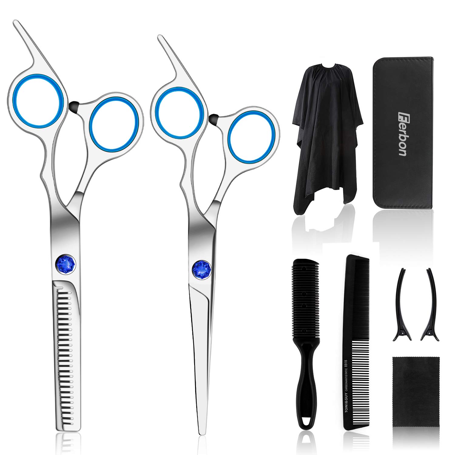 Hair Cutting Scissors Set 6 inches, Professional Stainless Steel Reinforced Barber/Salon Shears for Hairdressing, Thinning, Home Use - Flat Shears, Teeth Shear, Comb & Hair Clip Included