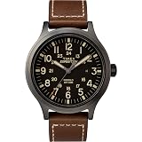 Timex Men's Expedition Scout 43mm Watch – Black Dial & Case with Brown Leather Strap