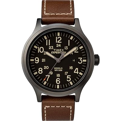 Timex Men's Expedition Scout 43mm Watch – Black Dial & Case with Brown Leather Strap