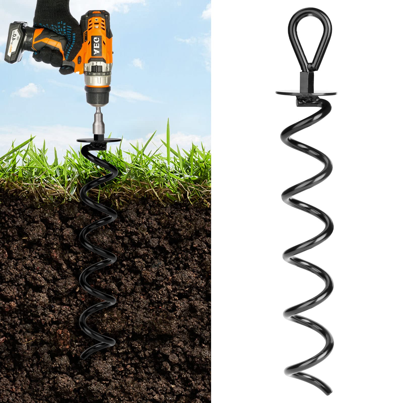 Photo 1 of 1 Pcs 15.3 Inch Ground Anchor Heavy Duty for High Winds Screw in Earth Anchor Swing Set Spiral Auger Stakes Suitable for Tent Trampoline Tree Garden Fence Sheds Swingset, Easy to Use with Drill