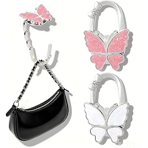 2PCS Foldable Handbag Hanger, Butterfly & Four Leaf Clover Purse Hook for Table, Portable Bag Holder with Anti-Slip Base, Cut