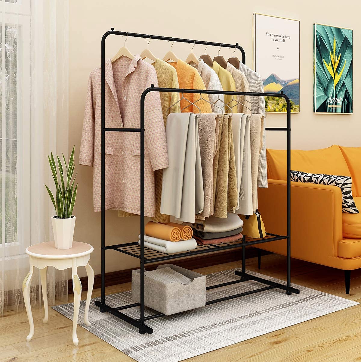 JURMERRY Metal Clothes Rail Double Hanging Coat Rail Freestanding Garment Rail with 2-Tier Lower Storage Shelf for Bedroom Home Office Indoor,Black