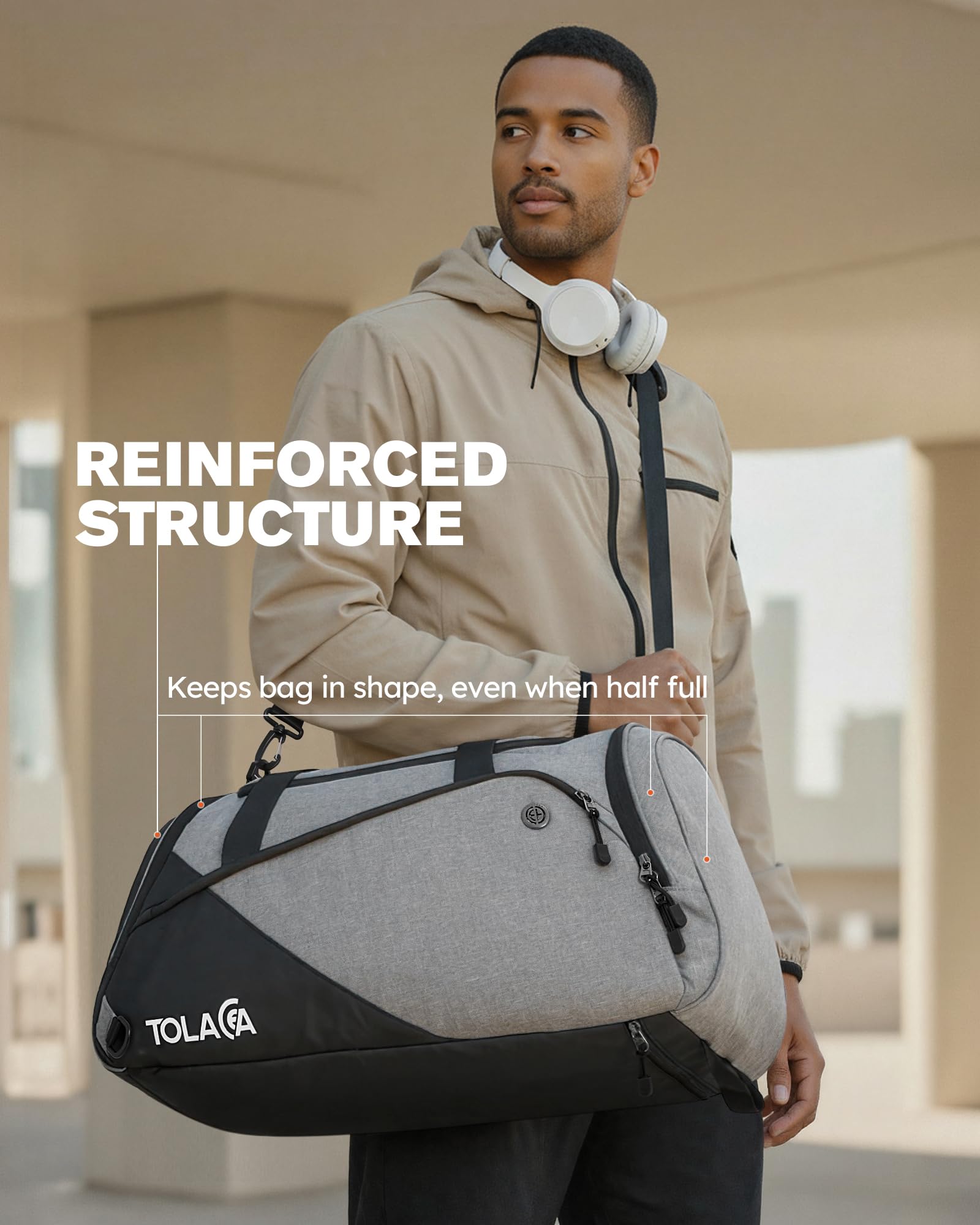 Tolaccea 47L Sporttasche Groß Sporttasche Rucksack mit Schuhfach Nassfach Wochen Reisetasche Duffel Bag Fitness Trainingstasche für Herren Damen Gym,Reise,Schwimmen,Sauna,fußball (Grau) 8