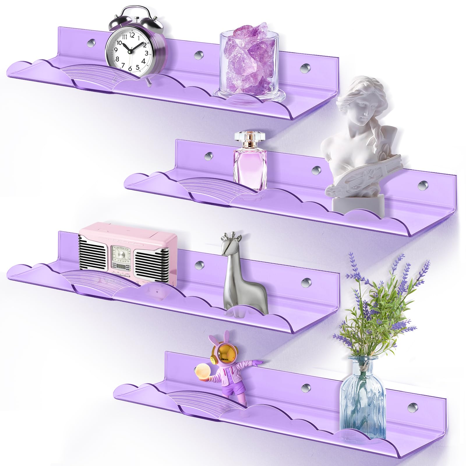 wooshwa Rainbow Acrylic Floating Shelves, 15in Kids Wall Mounted Nursery Bookshelves, Display Ledge for Books Toys Cosmetic Storage, Bathroom Bedroom Living Room Wall Organizer, 4 Pack, Purple