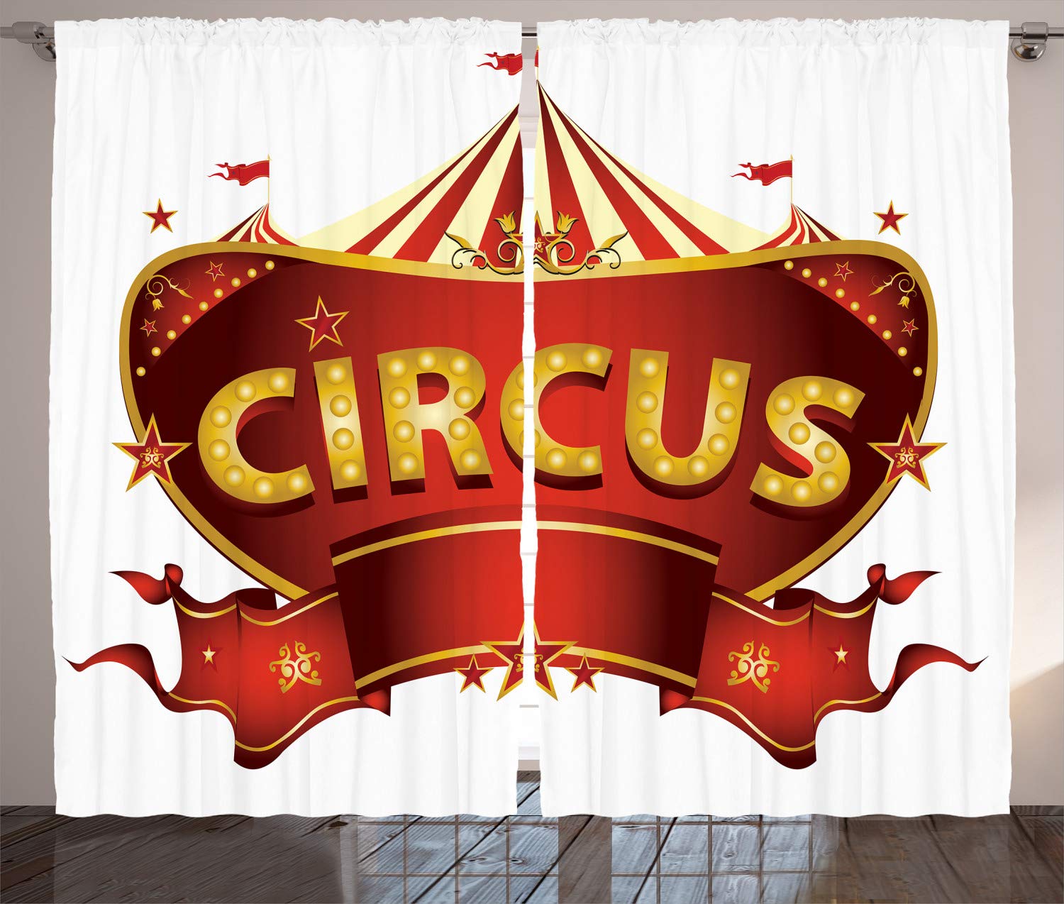 ABAKUHAUS Circus Curtains, Circus Sign Baroque Style Big Top Enjoyment Theme Marquee Nightlife Retro, Living Room Bedroom Window Drapes 2 Panel Set, 89 L X 110 W, Yellow White Red