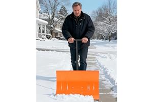 EXPLOREHORIZON Wheeled Snow Plow Shovel, 20" H Heavy-Duty Steel Orange Blade with Single Handle, 5 Angles, 2 Wheels, Back Saver Pusher for Snow Removal on Driveway, Sidewalks and Doorways