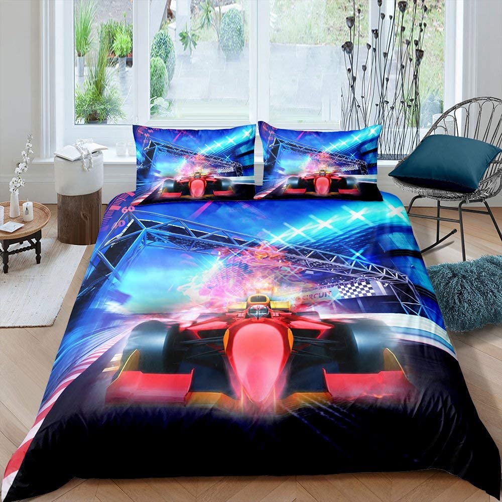 Racing Car Comforter Cover Formula 1 Race Bedding Set Extreme Speed Racer Duvet Cover For Kids Teen Boys Young Man Champion Red Vehicle Quilt Cover With 21 Pillow Cases Bedroom Decor Single Size