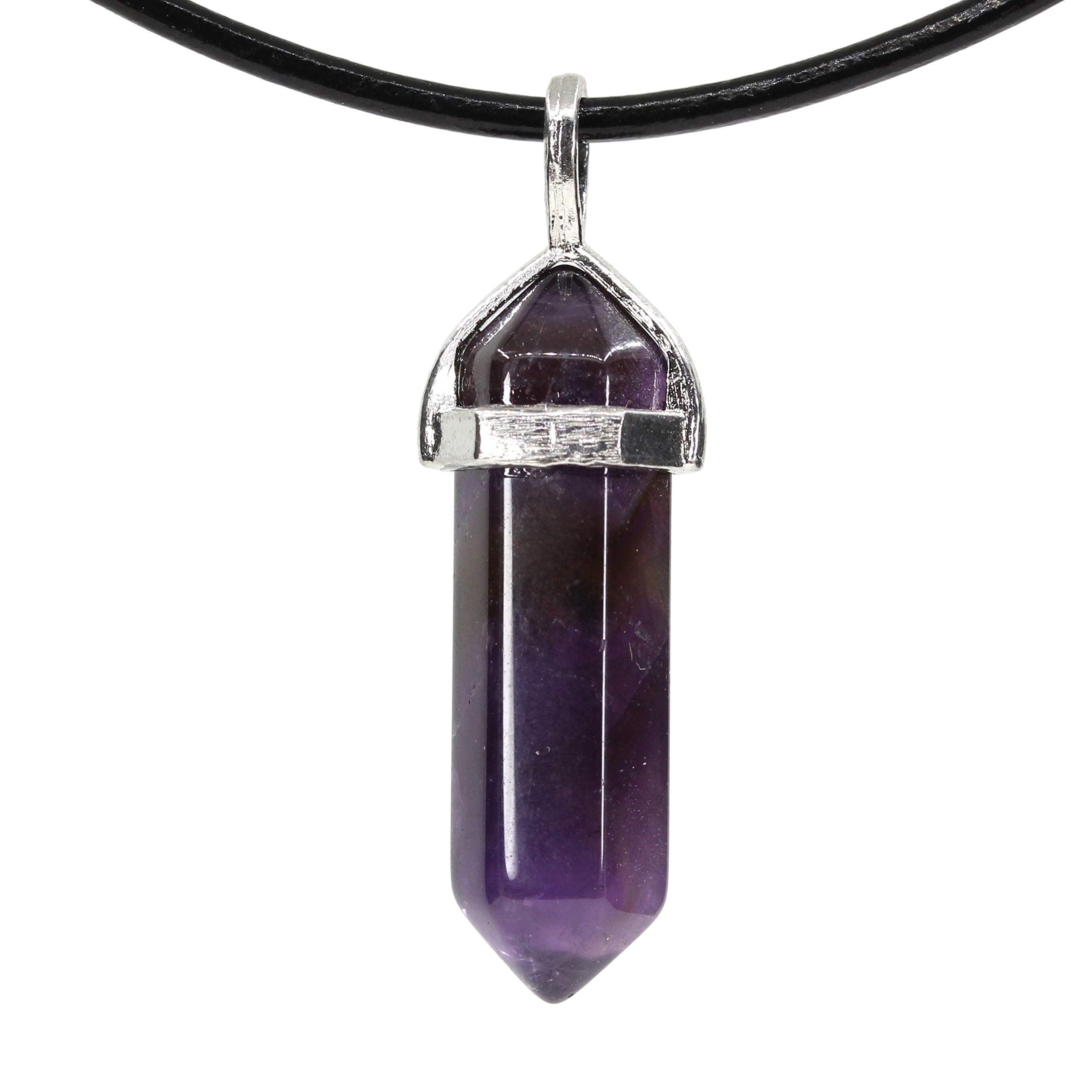 CHENYUE Semi Precious Stones Collection Hexagonal Pointed Beads Pendant Leather Necklace Dark Amethyst 18 Inch Cord 1 Grey Pouch