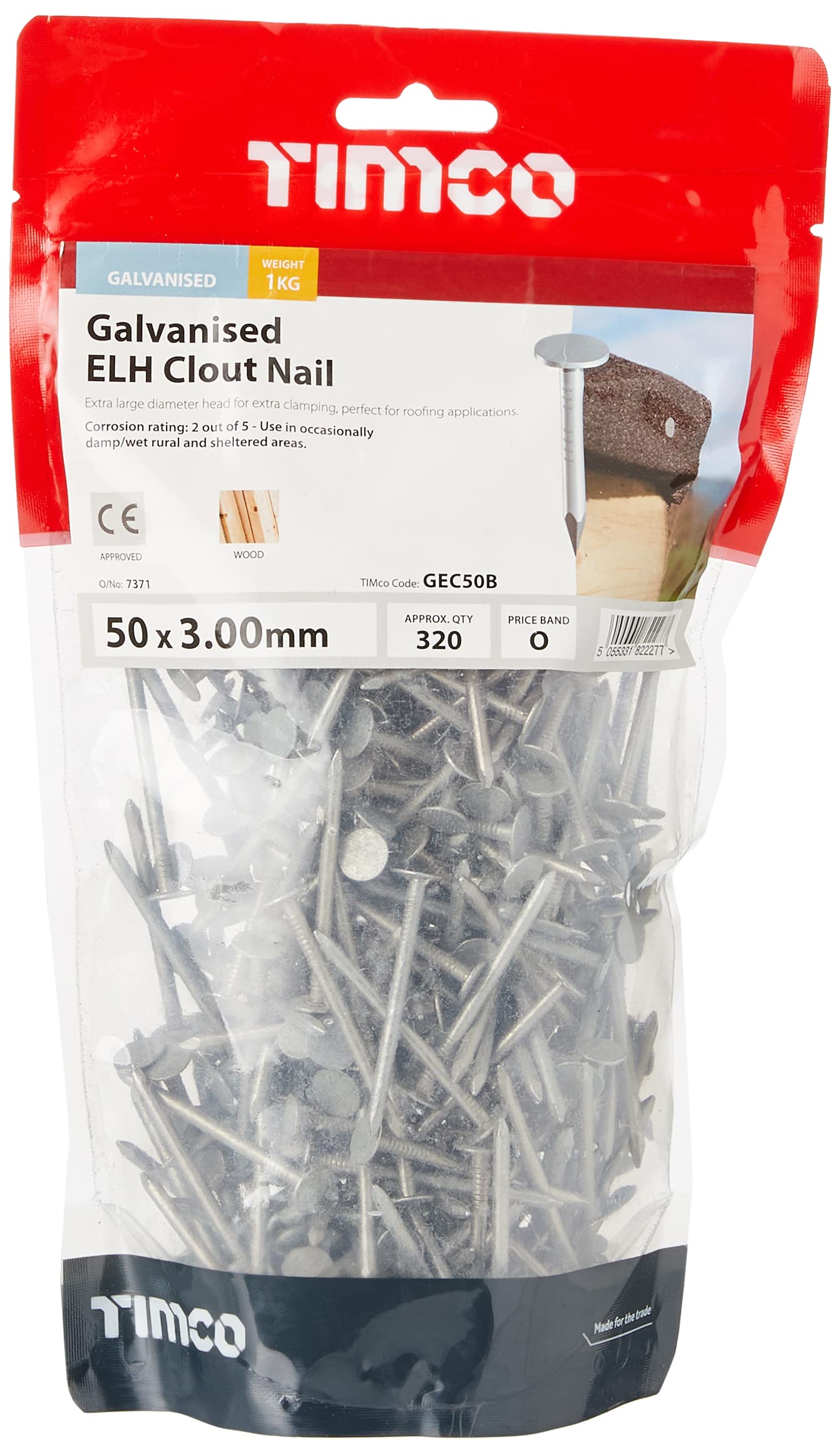 TIMCO Galvanized ELH Clout Nails - 50 x 3.00 - Extra Clamping - Perfect for Fitting Roofing Felt and plasterboard - 1kg Bag - Silver