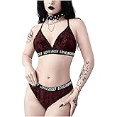 COZYEASE Women's 2 Piece Lingerie Sets Goth Velvet Floral Wireless Bra and Panty Underwear Set