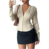 SweatyRocks Women's Deep V Neck Pleated Button Down Shirts Long Sleeve Fitted Going Out Collared Blouse Top