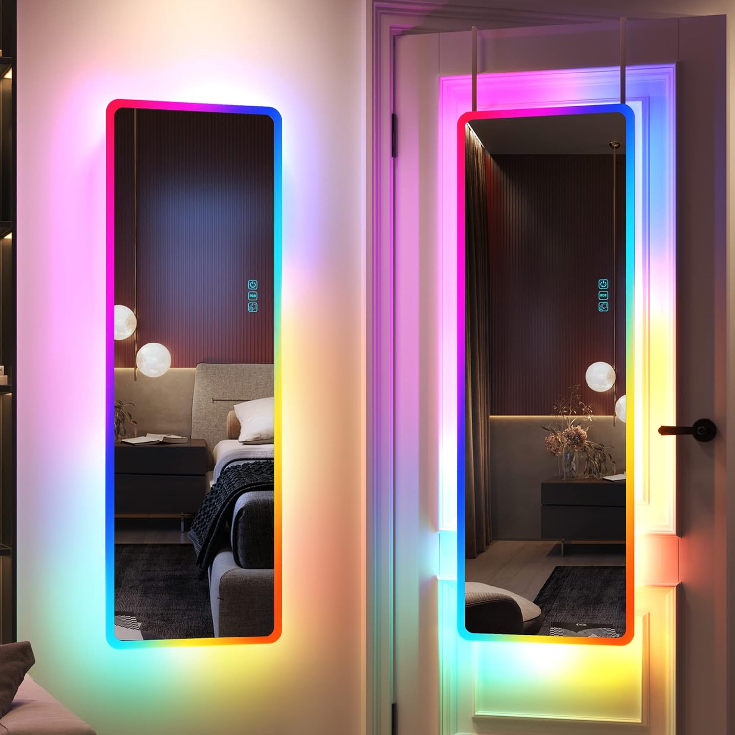 Mirrors - LVSOMT Full Length Mirror with LED Lights, RGB Full Body Mirror, Wall Mounted Lighted Mirror, Over The Door Hanging Mirror, 14 LED Light + Dimmable Brightness + Adjustable Speed, 47