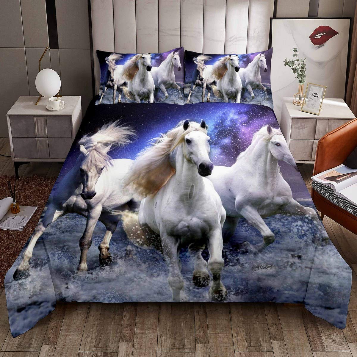 White Horse Bedding Set Galloping Horse Comforter Cover Blue Galaxy Duvet Cover for Boys Girls Kids Room Decor Lightweight Wild Animal Themed Bedspread Cover Single Size With 1 Pillow Case — image 1