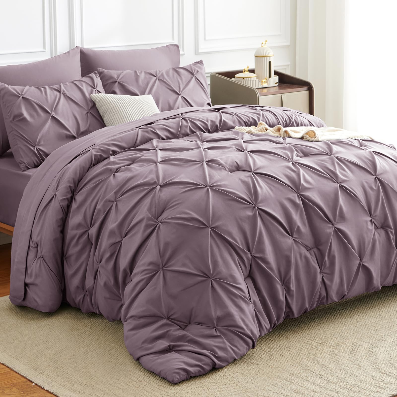 HIMEET Pintuck Bed in a Bag, 7 Pieces Full Size Comforter Set Dusty Purple, Pinch Pleat Bed in a Bag, Soft All Season Bedding Sets with Comforter, Flat Sheet, Fitted Sheet and Pillowcases & Shams Image