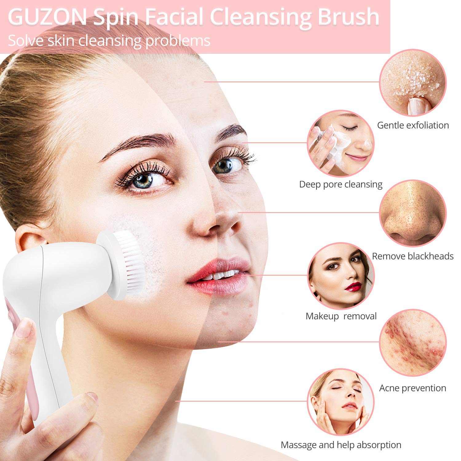 Facial Cleansing Brush Electric Waterproof - Guzon Face Brush for Shower, Deep Cleansing and Gentle Exfoliating, Skin Spin Brush for Face, Facial Cleanser Brush with 5 Brush Heads, Battery Operated: Beauty