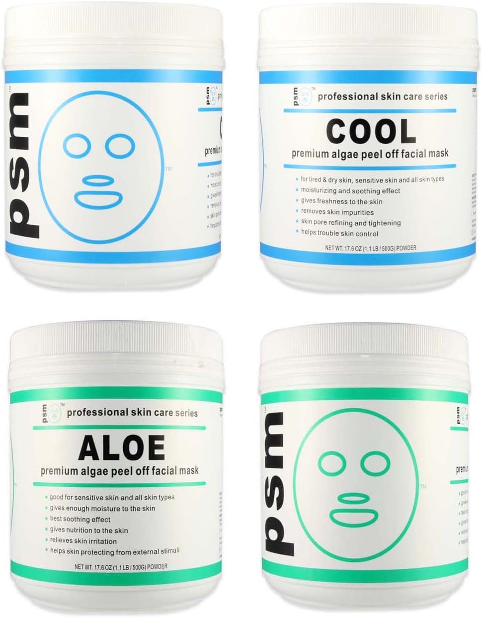 (Set of 4) 2 COOL, 2 ALOE psm Premium Algae Peel Off Facial Mask Powder 17.6 OZ (1.1LB / 500g EA)