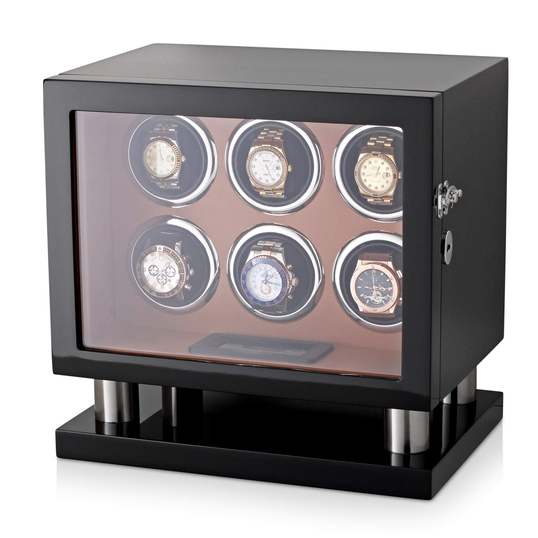 Watch Winder for 6 Watches with LED Backlight, LCD Display and Motor-Stop Option