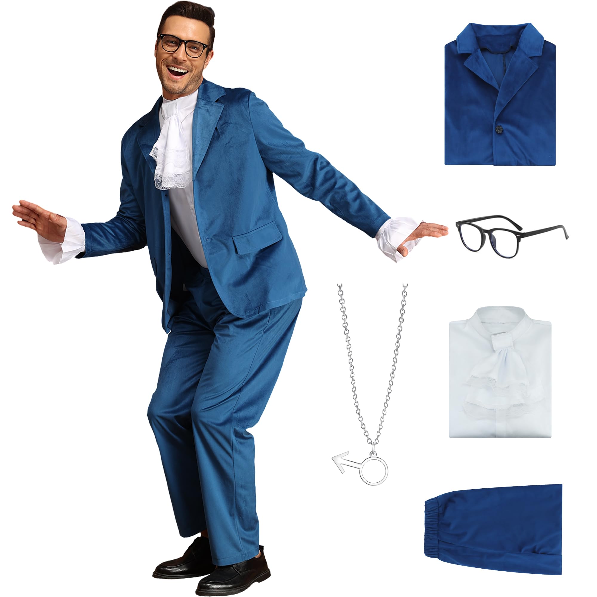 AYYOHON Blue 60s Swinger Costume Groovy Costumes for Men Spy Austin Halloween Cosplay Suit Ruffle Shirt Jacket Pants Set L — image 1