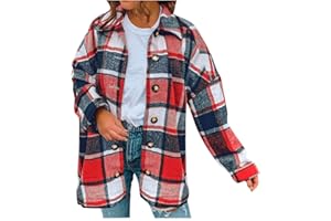 LEHOZIHEQ Plaid Shirts for Women Flannel Shacket Jacket Long Sleeve Lapel Button Down Shirts Coats Blouse Tops with Pocket
