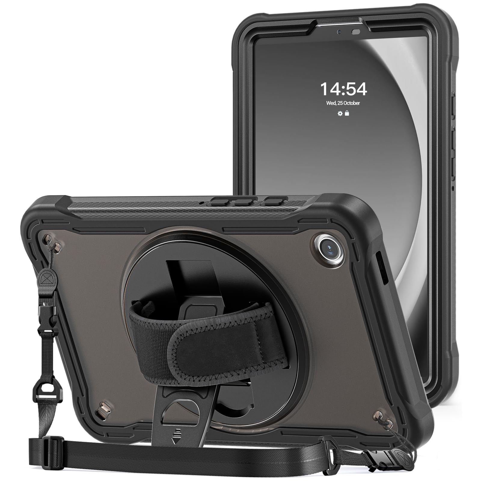 ProCase Kids Case for Galaxy Tab A9 8.7 inch 2023 (SM-X110/X115/X117), Heavy Duty Shockproof Rugged Protective Case Cover with Pen Holder Hand Shoulder Strap Kickstand -Black