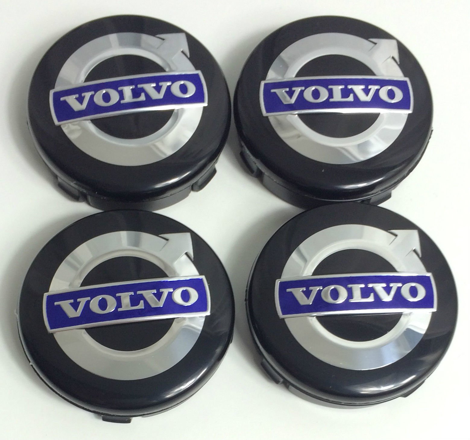 4 x Volvo alloy wheels, centre hub caps, 64 mm, black / blue, C70, S60, V60, V70, S80, XC90