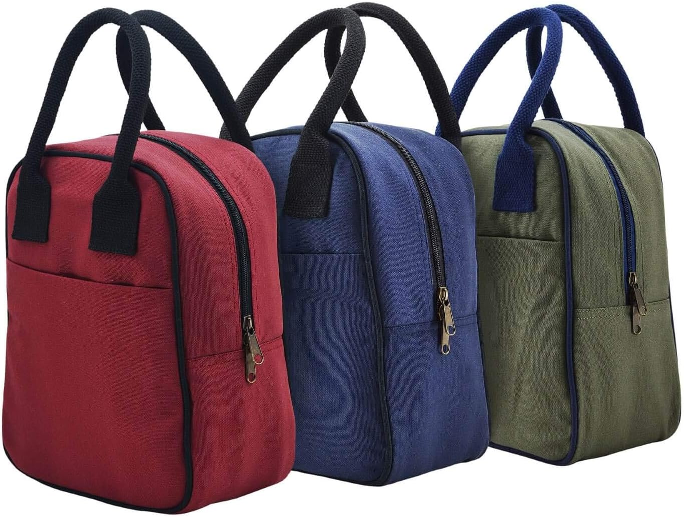 FATMUG Lunch Bag for Women with Zip-Tiffin Travel Handbag-Set of 3(Blue,Olive,Maroon)