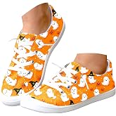 Halloween Shoes for Women 2026 Pumpkin Ghost Print Lace Up Canvas Sneakers | Lightweight Low Top Fall Slip On Casual Walking Shoes for Holiday Party Comfortable Non Slip Fashion Sneaker