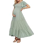 Swiss Dot Smocked Maternity Dress for Baby Shower Photoshoot Casual V Neck Ruffle Sleeve Empire Waist Tiered Boho Dress
