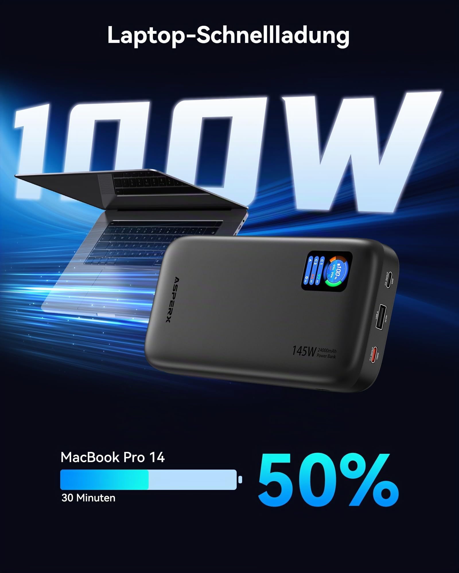 AsperX 100W 24000mAh Powerbank für Laptop MacBook iPad iPhone 17/16/15/14 2