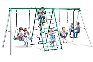 Hapfan Swing Sets for Backyard, 5 in 1 Swing Set with Saucer Swing, Belt Swing, Upgraded Glider, Climbing Rope, Climbing Ladder