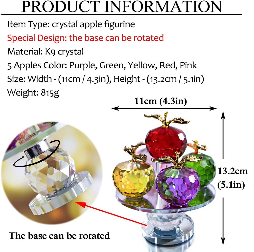 5.1inches Height, 5 Colors Crystal Faceted Apples Ornament, Glass Apple Figurines Collectibles with Rotatable Base for Home Table Decor: Kitchen & Dining