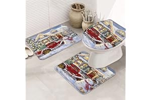 Queenker Christmas Snowman Bathroom Rug Set 3 Piece Toilet Seat Cover Winter New Year Red Truck Contour Rug, Pedestal Mat and Toilet Lid Cover,Non-Slip Bathroom Floor Mat 20"x31"+16"x18"+16"x20"