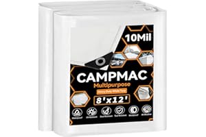 CAMPMAC White Heavy Dut Waterproof Tarp 8' x 12', 10 Mil Thick, High Durability, Rip and Tear Resistant with Metal Grommets Every 20 Inches