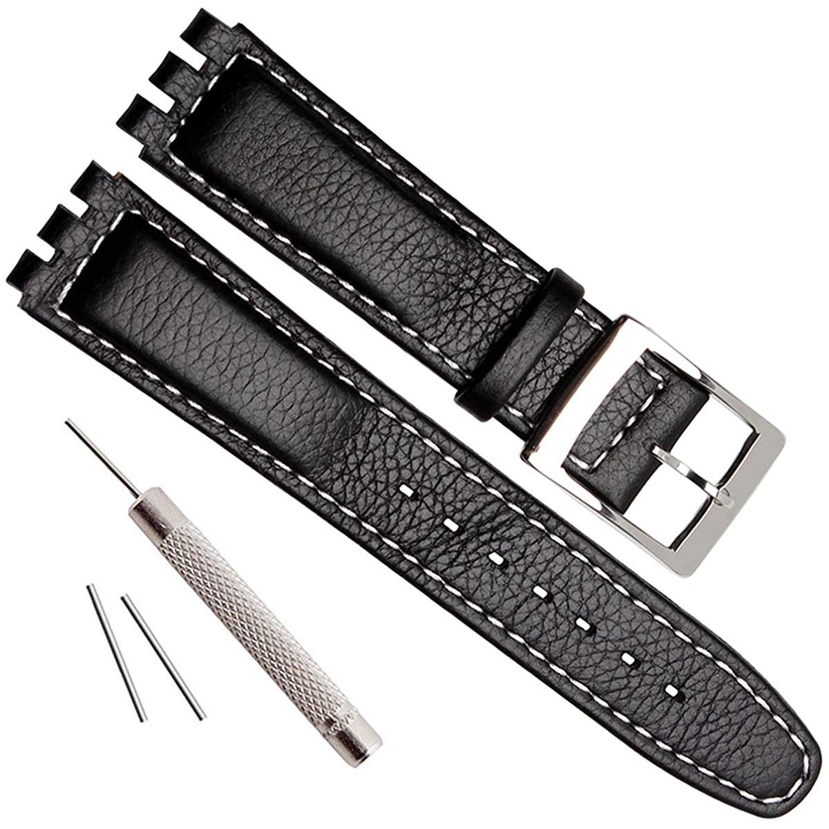 OliBoPo Alligator Grain Cow Leather Stainless Steel Buckle Watch Band Strap for Swatch (17mm, White Stitch/Black) — image 1