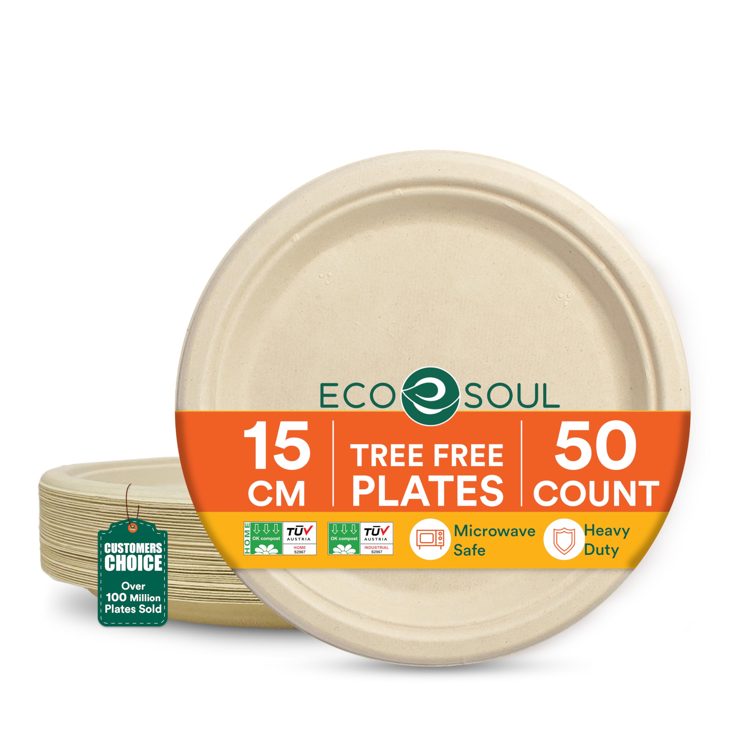 ECO SOUL Small Paper Plate (15Cm) 6 Inch Round [50-Pack] Compostable Heavy Duty Disposable Bagasse Plates | Eco Friendly Biodegradable Plates for Parties & Events