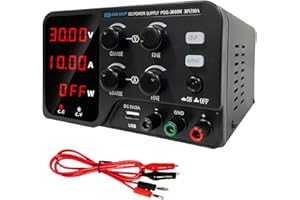 LWLONGWEI DC Power Supply Variable,30V 10A Adjustable Switching Regulated DC Bench Power Supply with 4-Digits LED Power Display 5V/2A USB Output, Coarse and Fine Adjustments Black