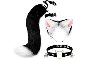 QINRUAN Cat Ears and Wolf Fox Animal Tail Cosplay Costume Faux Fur Hair Clip Headdress Halloween Leather Neck Chocker Set