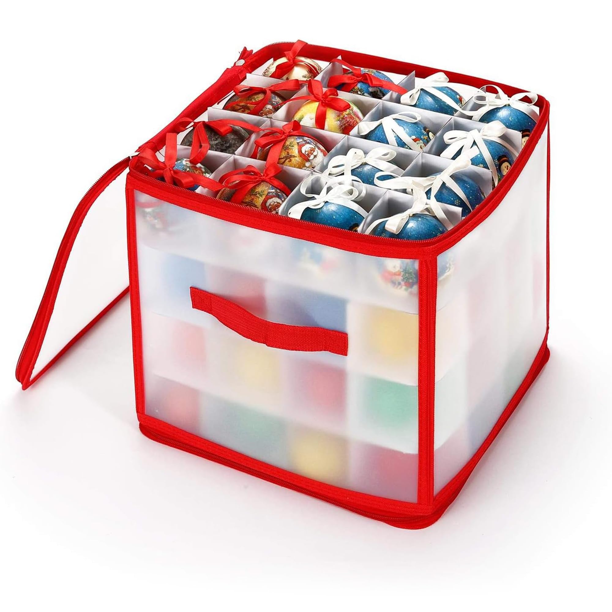 Vinsani Bauble Christmas Tree Decoration Storage Box – Foldable Ornament Organiser with Zip Closure & Side Handles – Secure & Dust-Free Xmas Décor Storage (Red, 64 Bauble)