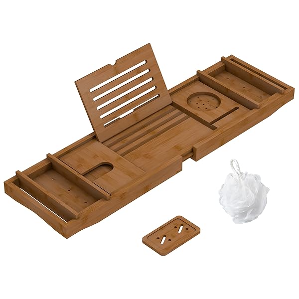 BAMBOO BATHTUB TRAY FOR LUXURY BATHROOM, EXPANDABLE PREMIUM BATH TRAY WITH SOAP TOWEL BOOK HOLDER, LUXURY SPA WOODEN BATH TABLE FOR READING LAPTOP OVER THE CLAWFOOT WALNUT