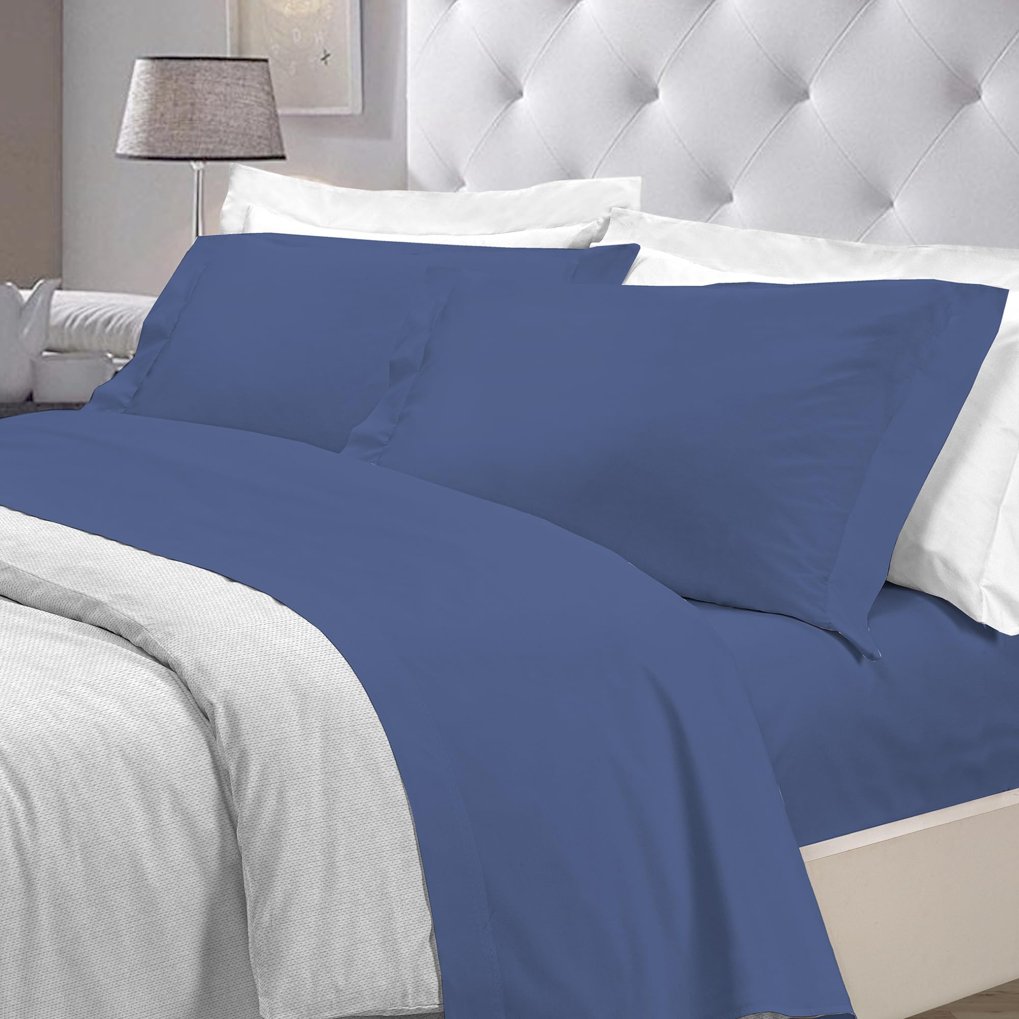 PENSIERI DELICATI Single Bed Sheet 160 x 300 cm, Single Flat Sheet, Solid Colour, Made in 100% Cotton, Made in Italy, Colour Navy Blue
