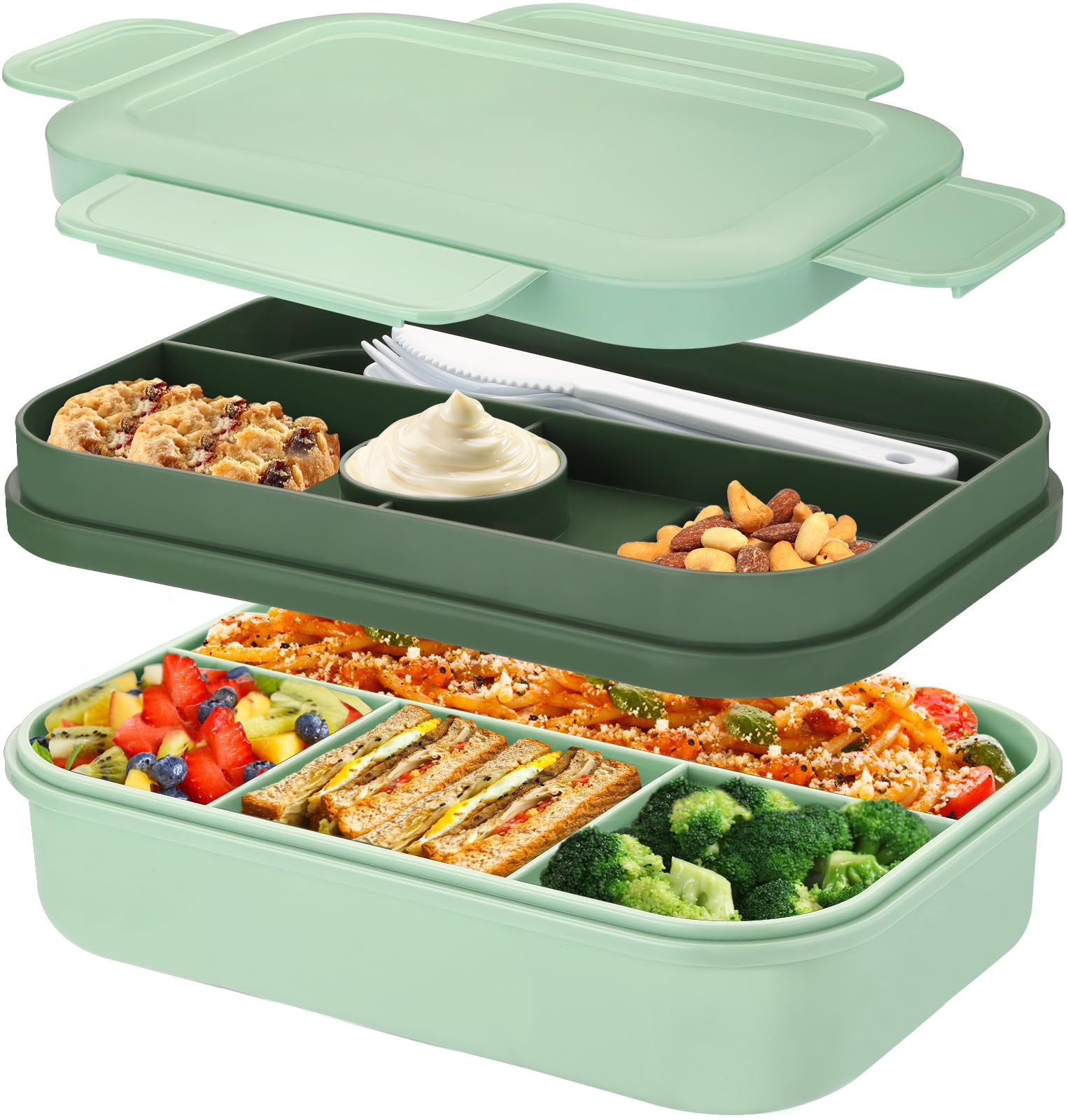 Bento Box Lunch Boxes,2000ml Large Bento Lunch Box for Adults Kids,Stackable Japanese Lunchbox with 8 Compartments,Leak Proof Meal Prep Container Box with Cutlery Set,Microwave Dishwasher Safe (Green)
