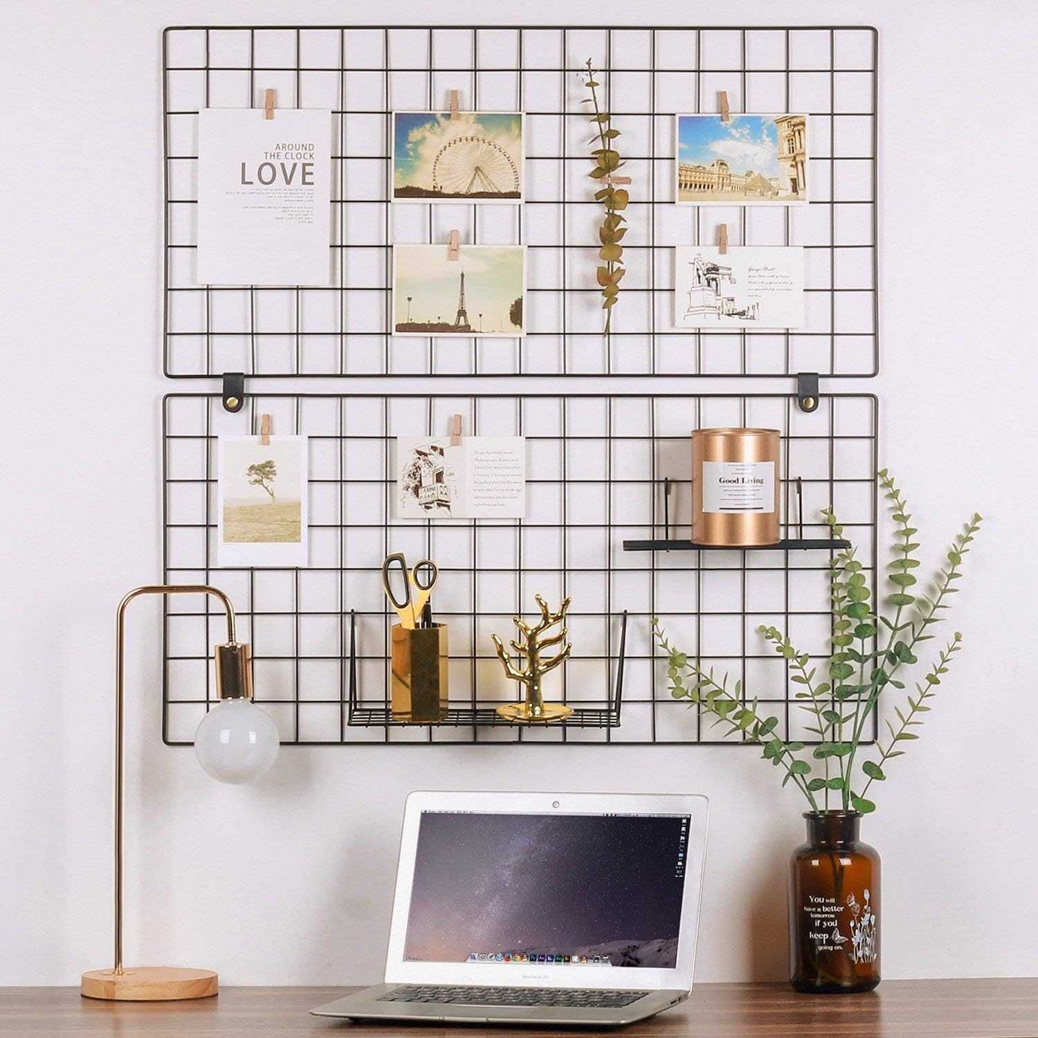 Simmer Stone Painted Wire Wall Grid Panel, Multifunction Photo Hanging Display and Wall Storage Organizer, Pack of 2, Size 31.5" x 15.8", Black